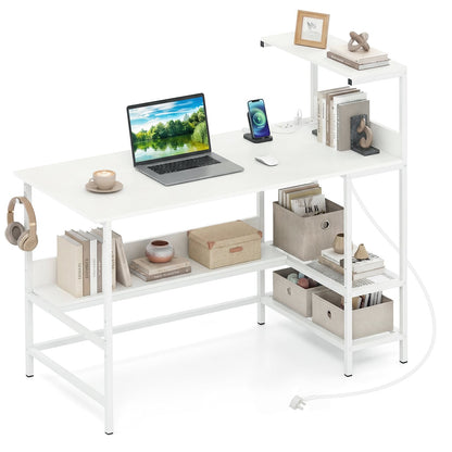 122.5 CM Computer Desk with Power Outlets & Storage Shelves and Headphone Hook for Working-White