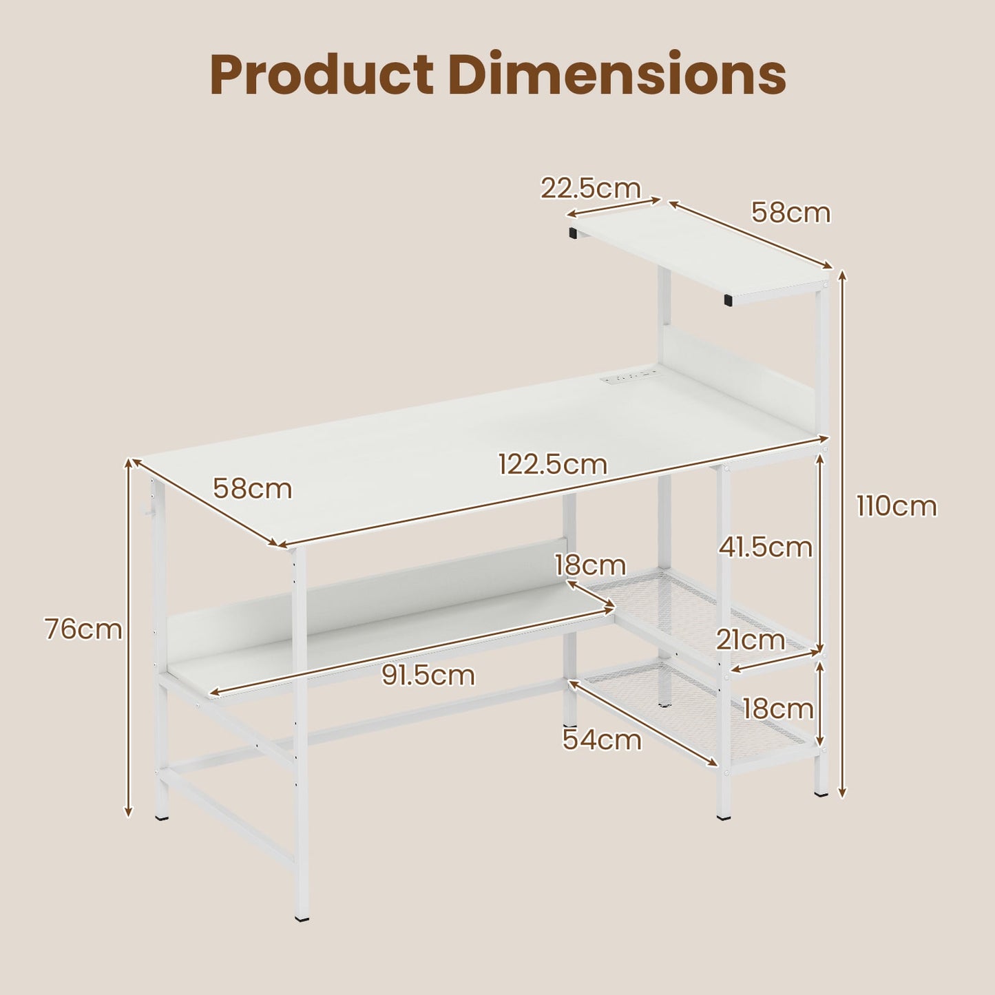 122.5 CM Computer Desk with Power Outlets & Storage Shelves and Headphone Hook for Working-White