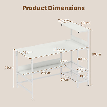 122.5 CM Computer Desk with Power Outlets & Storage Shelves and Headphone Hook for Working-White