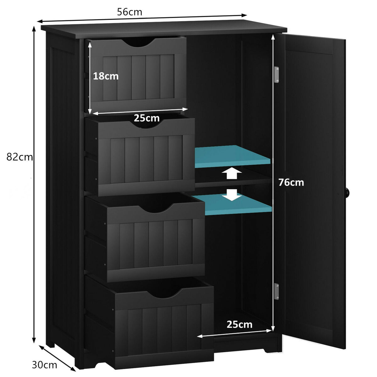 Freestanding Storage Cupboard with Adjustable Shelf and Drawers-Black