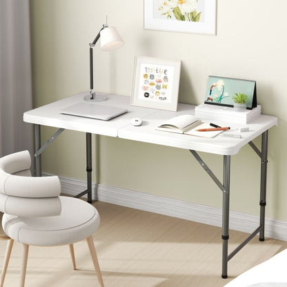 122cm Portable Camping Adjustable Fold-in-Half Table with HDPE Tabletop-White