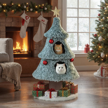 123 cm Christmas Cat Tree Modern Cat Tower with 2 Large Condos-Green