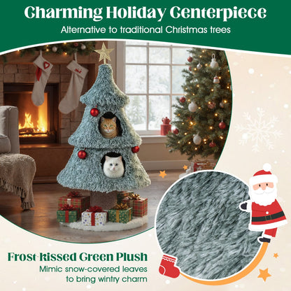 123 cm Christmas Cat Tree Modern Cat Tower with 2 Large Condos-Green