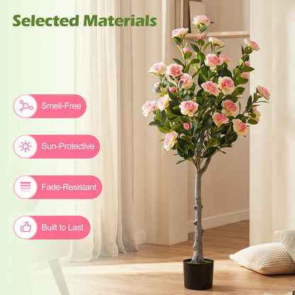 125 CM Artificial Camellia Tree Set of 1 with 27 Blossoms for Home