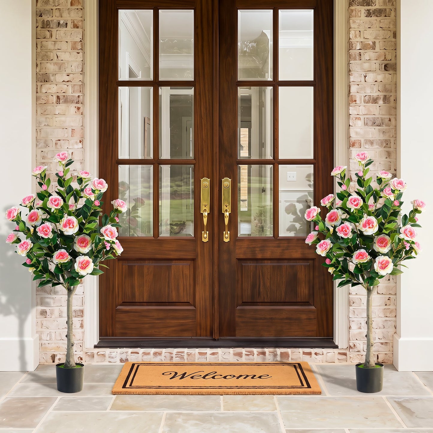 125 CM Artificial Camellia Tree Set of 2 with 54 Blossoms for Home
