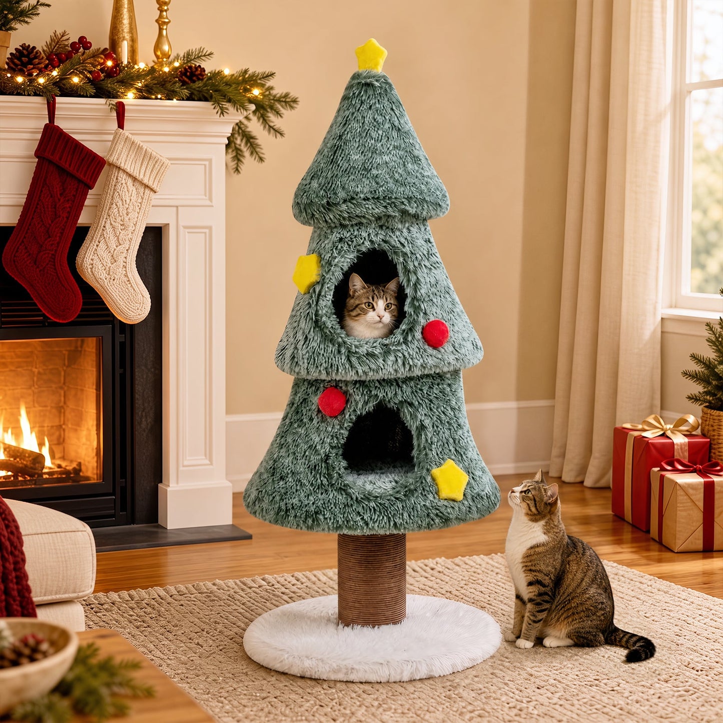 127 CM Christmas Cat Tree with 2 Condos and Scratching Post for Kittens-Green