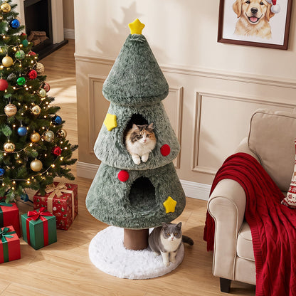 127 CM Christmas Cat Tree with 2 Condos and Scratching Post for Kittens-Green