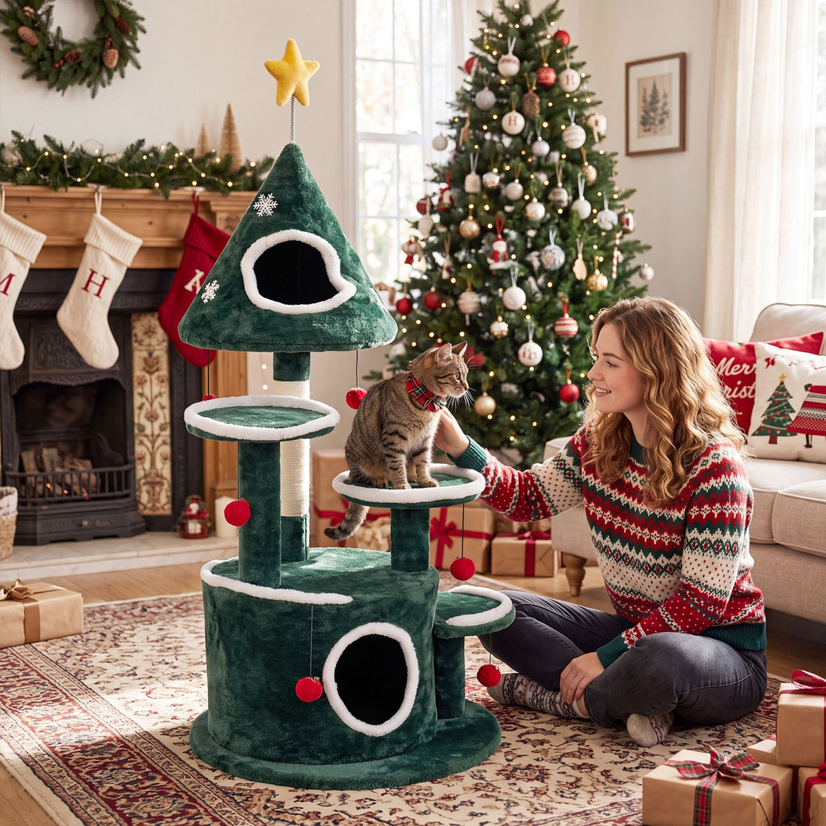 127 cm Christmas Cat Tree with 2 Condos and Sisal Scratching Post-Green