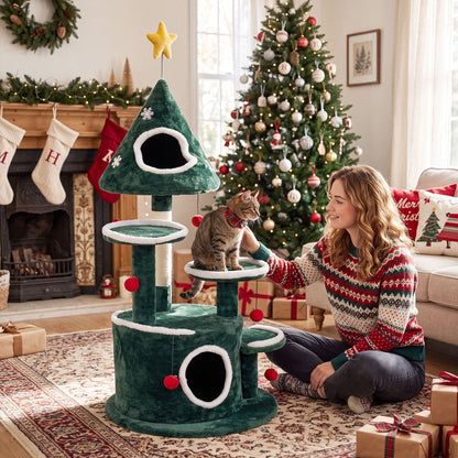127 cm Christmas Cat Tree with 2 Condos and Sisal Scratching Post-Green