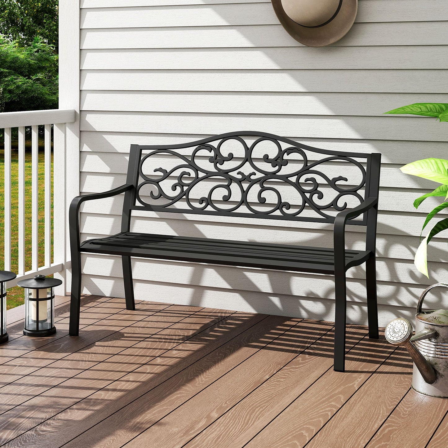 127CM Outdoor Garden Bench with Slatted Seat and Floral Design Backrest-Black