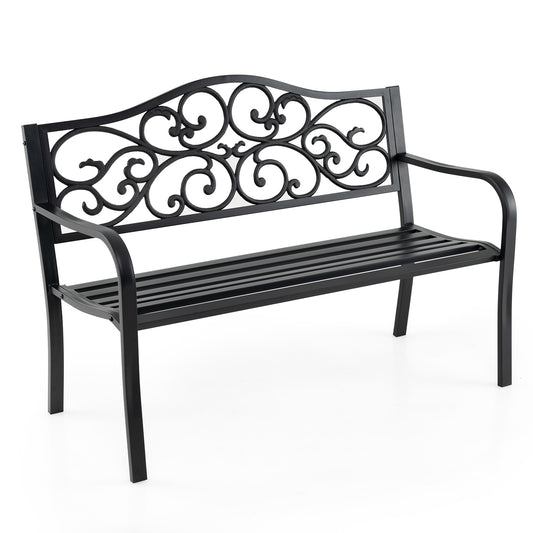 127CM Outdoor Garden Bench with Slatted Seat and Floral Design Backrest-Black