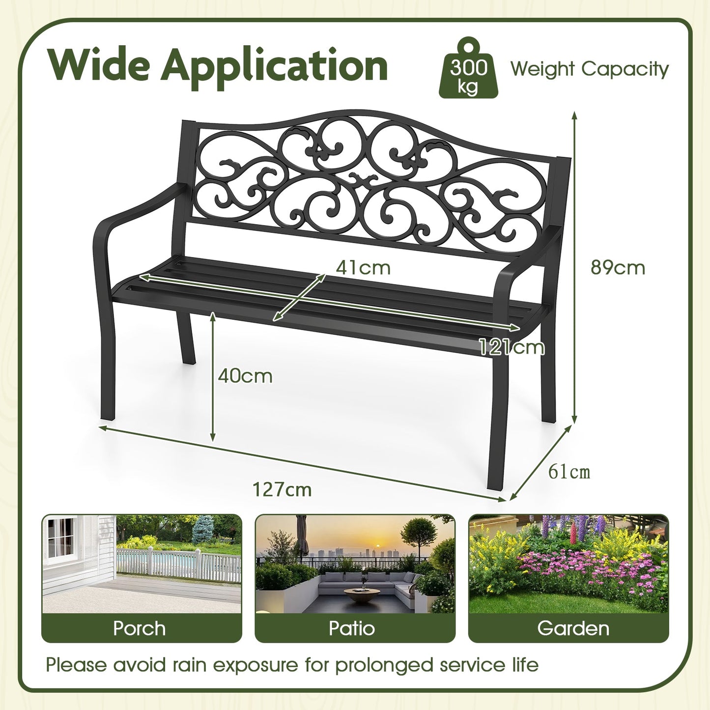 127CM Outdoor Garden Bench with Slatted Seat and Floral Design Backrest-Black