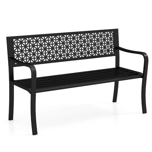 127CM Garden Bench with Patterned Backrest and Curved Armrests2-3-Person Patio Bench-Black