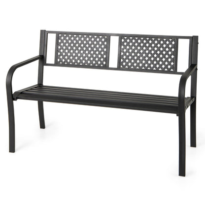127CM Garden Bench with Patterned Backrest and Curved Armrests-Black