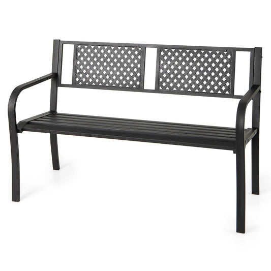 127CM Garden Bench with Patterned Backrest and Curved Armrests-Black