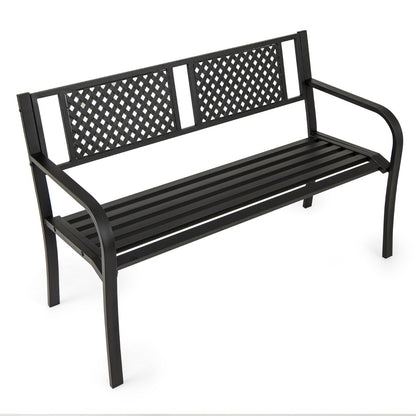 127CM Garden Bench with Patterned Backrest and Curved Armrests-Black