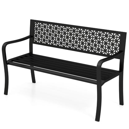 127CM Garden Bench with Patterned Backrest and Curved Armrests2-3-Person Patio Bench-Black
