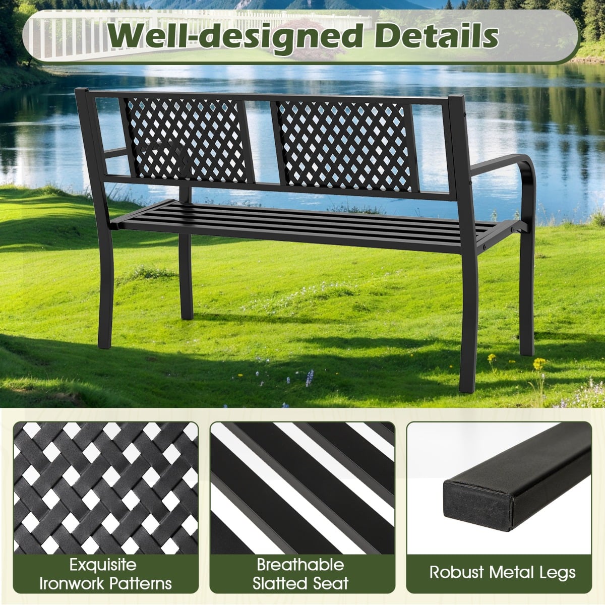 127CM Garden Bench with Patterned Backrest and Curved Armrests-Black
