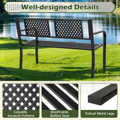 127CM Garden Bench with Patterned Backrest and Curved Armrests-Black