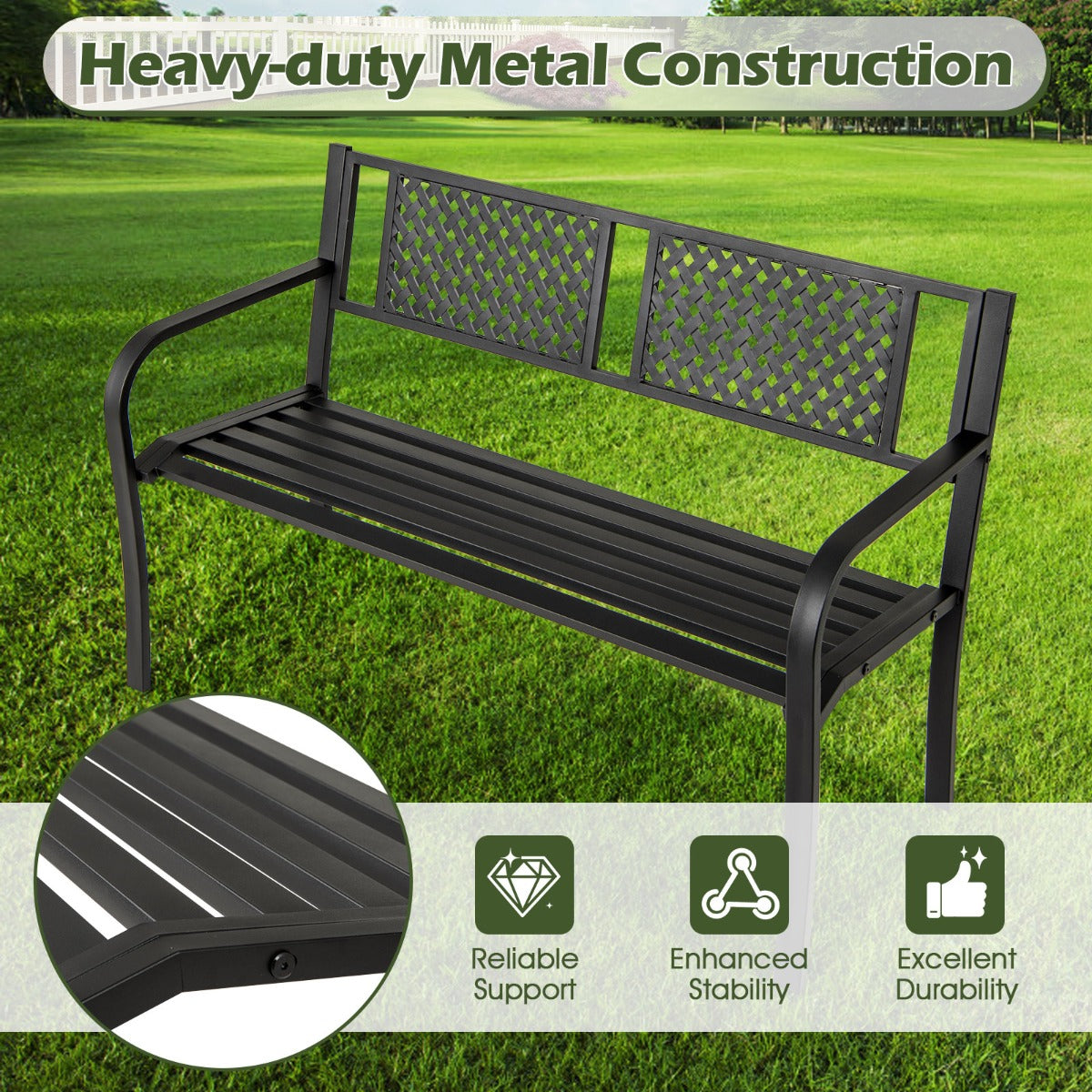 127CM Garden Bench with Patterned Backrest and Curved Armrests-Black