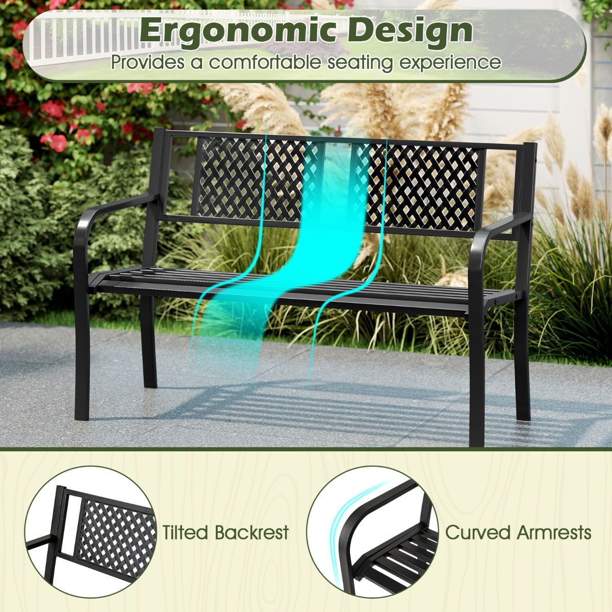 127CM Garden Bench with Patterned Backrest and Curved Armrests-Black