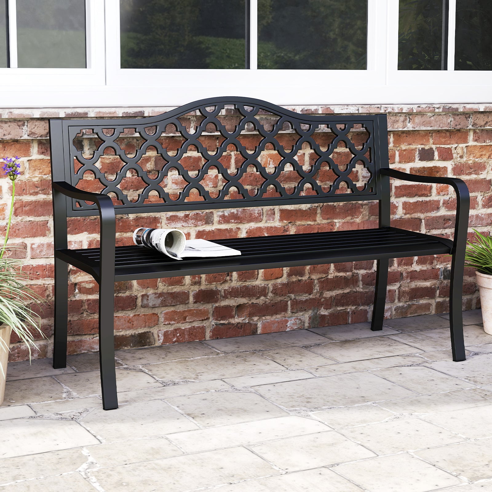 128CM Patio Bench Slatted Metal Garden Bench for 2-3 People-Black