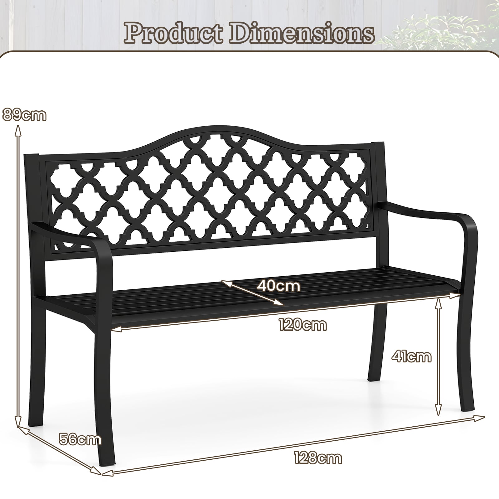 128CM Patio Bench Slatted Metal Garden Bench for 2-3 People-Black