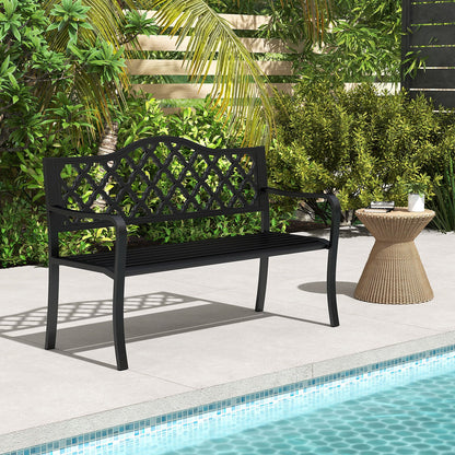 128CM Patio Bench Slatted Metal Garden Bench for 2-3 People-Black
