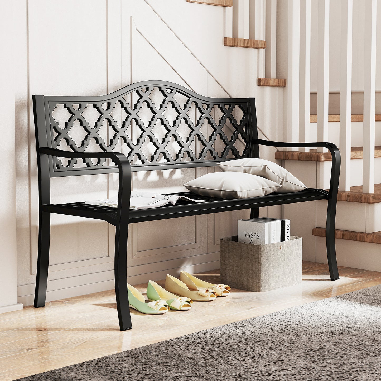 128CM Patio Bench Slatted Metal Garden Bench for 2-3 People-Black