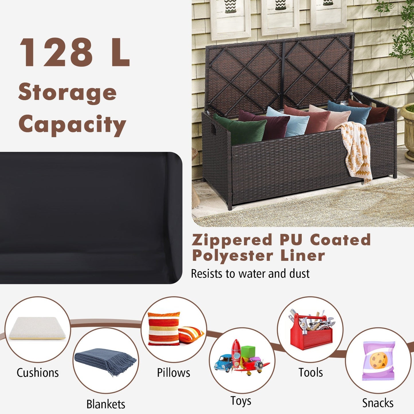 128L Patio Storage Bench with Cushion and Zippered Liner