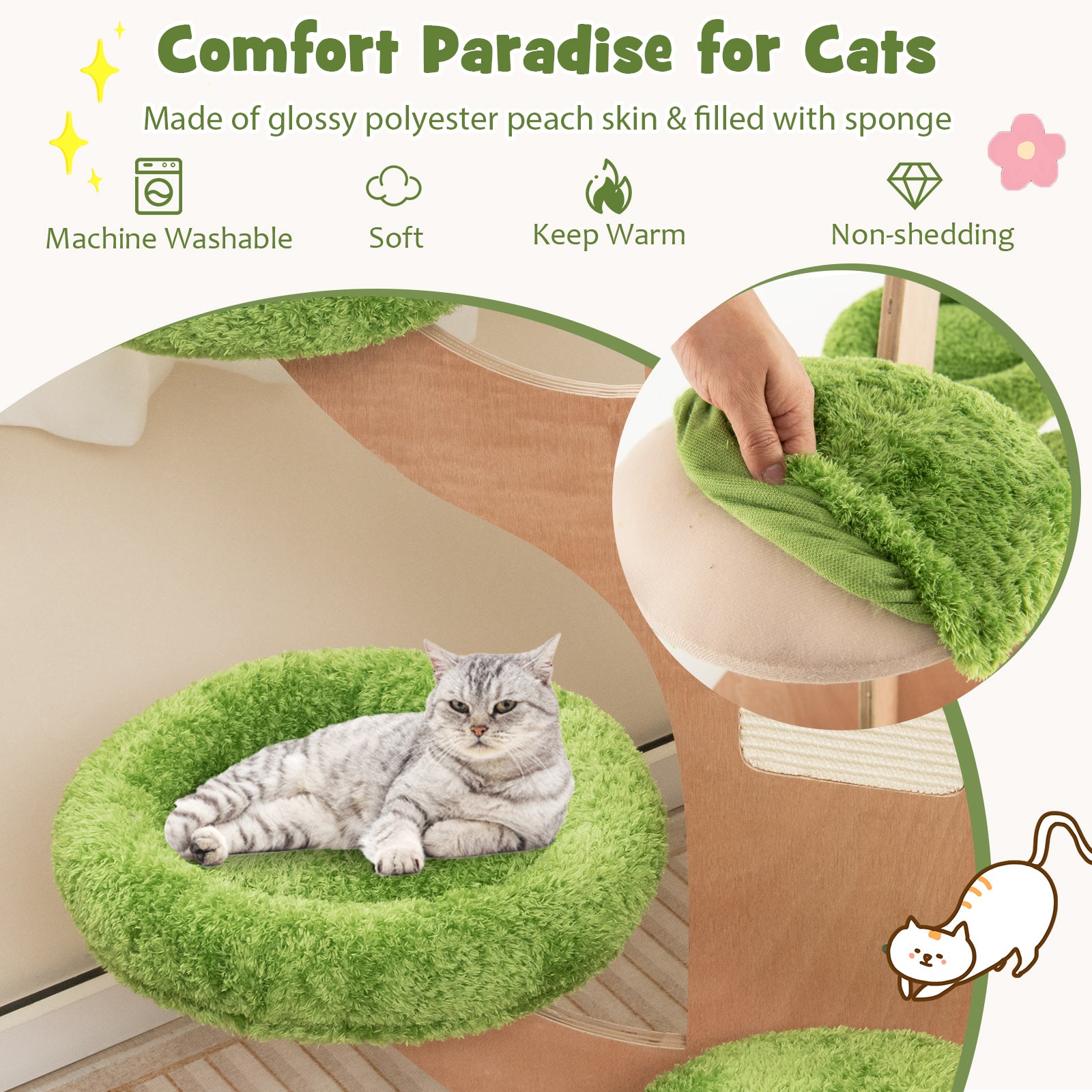 128 cm Pine Shape Cat Tree Cute Multi-level Cat Tower with Sisal Scratching Board-Green