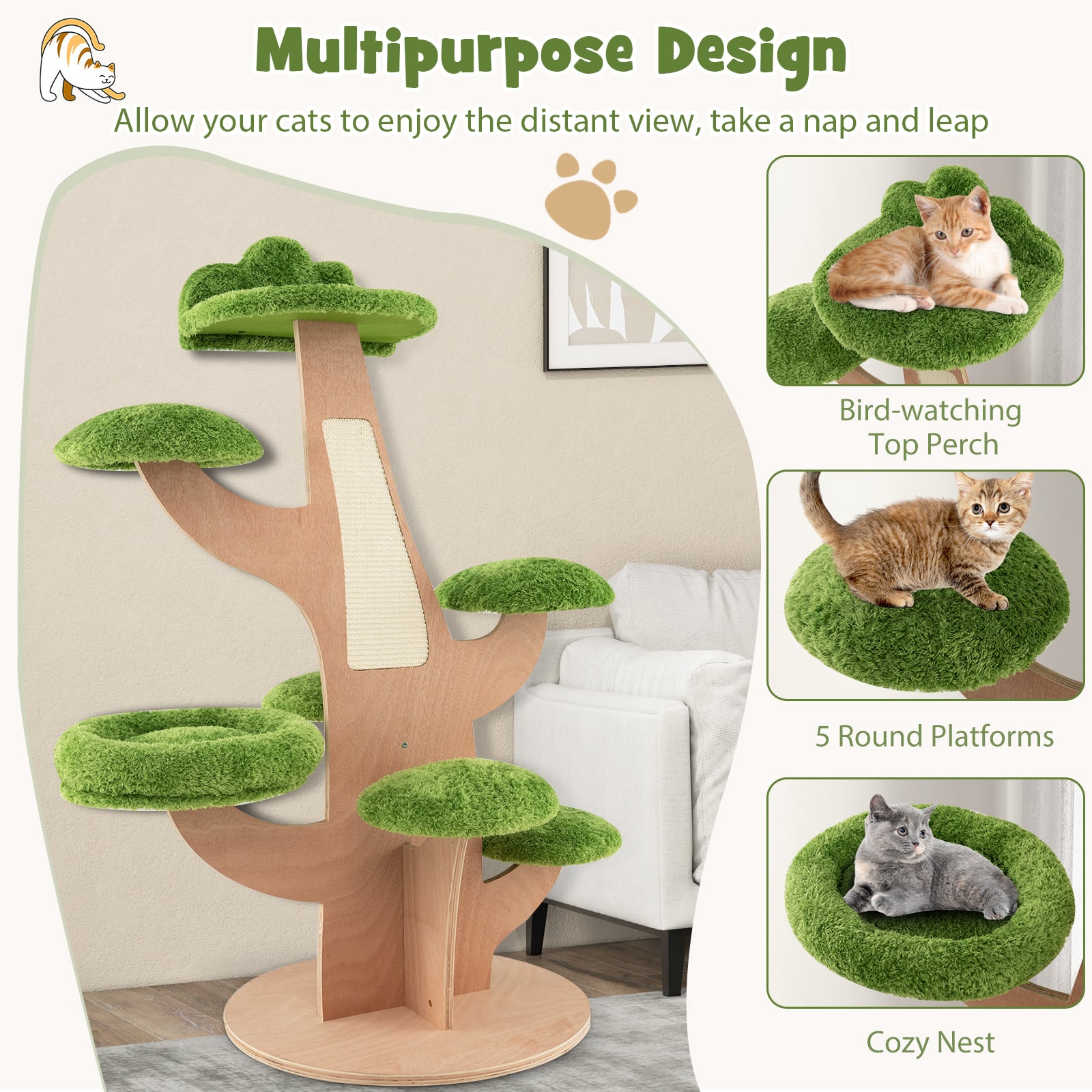 128 cm Pine Shape Cat Tree Cute Multi-level Cat Tower with Sisal Scratching Board-Green