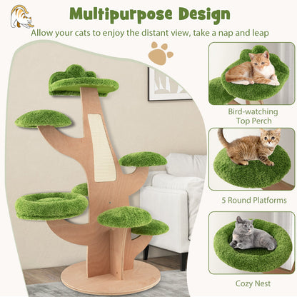 128 cm Pine Shape Cat Tree Cute Multi-level Cat Tower with Sisal Scratching Board-Green