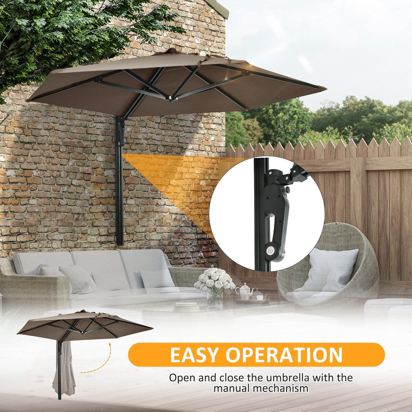 Outsunny Wall Mounted Parasol, Hand to Push Outdoor Patio Umbrella with 180 Degree Rotatable Canopy for Porch, Deck, Garden, 250 cm, Khaki