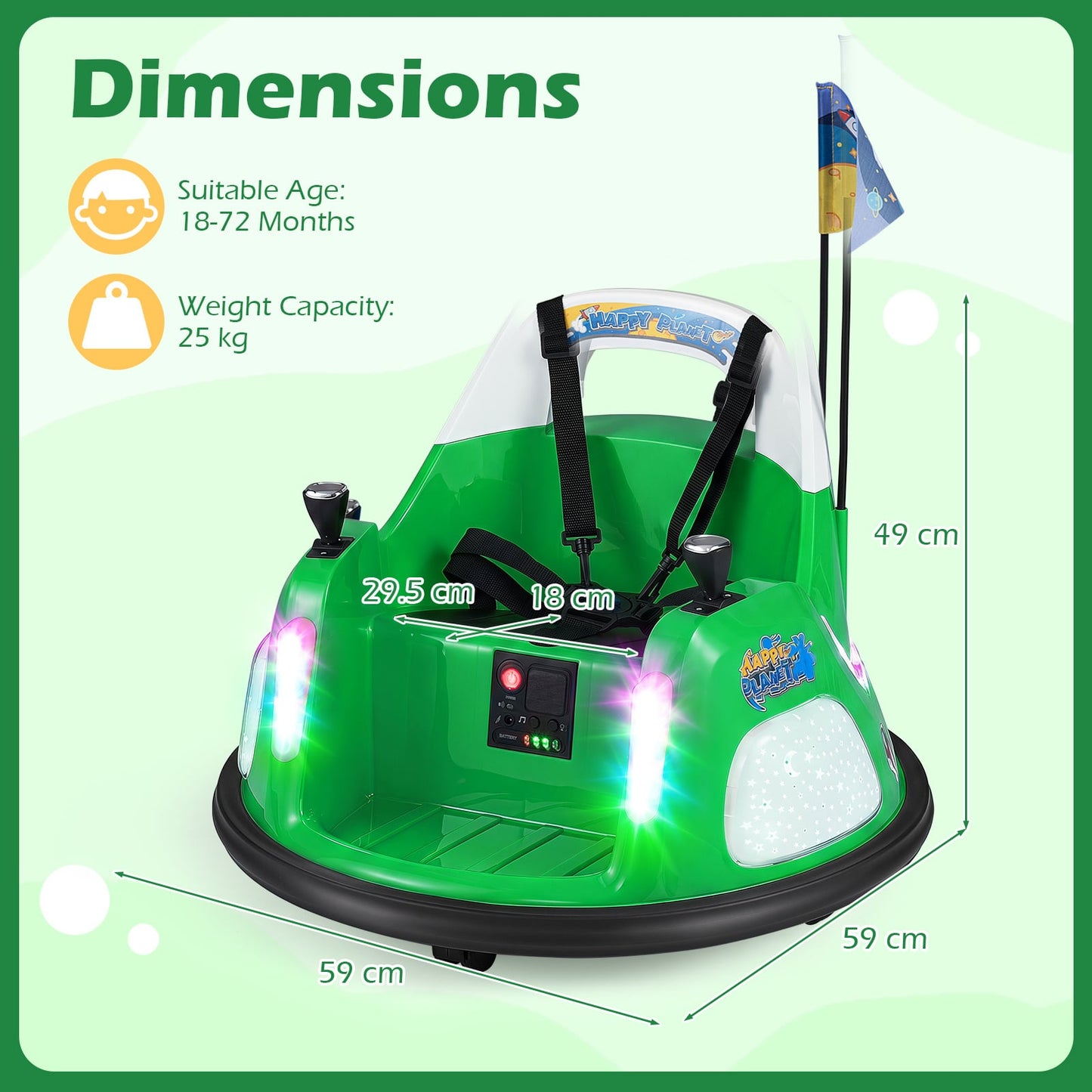 12V Bumper Car for Kids with Remote Control and Lighting Modes-Green