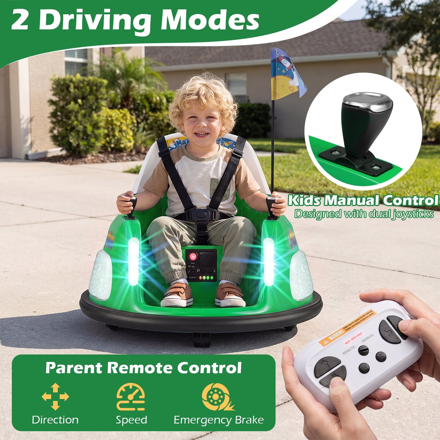 12V Bumper Car for Kids with Remote Control and Lighting Modes-Green