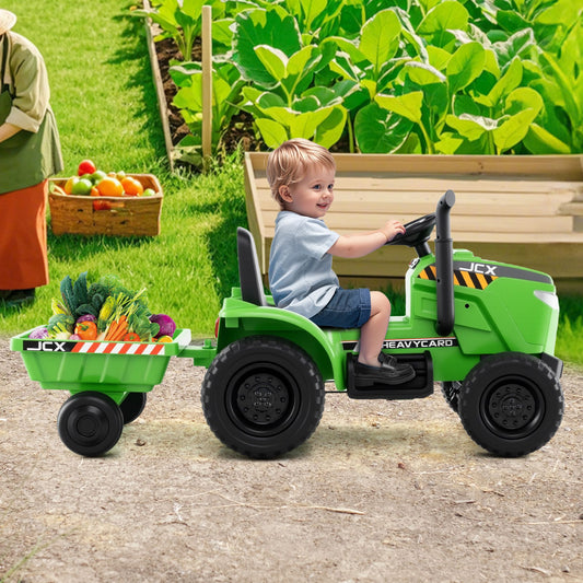 12V Kids Ride On Tractor with Trailer with Remote Control and Lights and Horn-Light Green