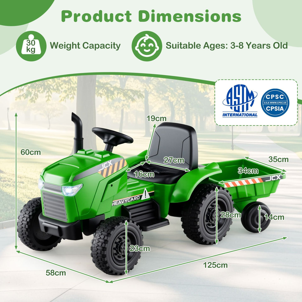 12V Kids Ride On Tractor with Trailer with Remote Control and Lights and Horn-Light Green