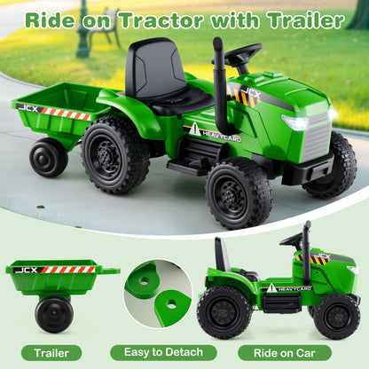 12V Kids Ride On Tractor with Trailer with Remote Control and Lights and Horn-Light Green