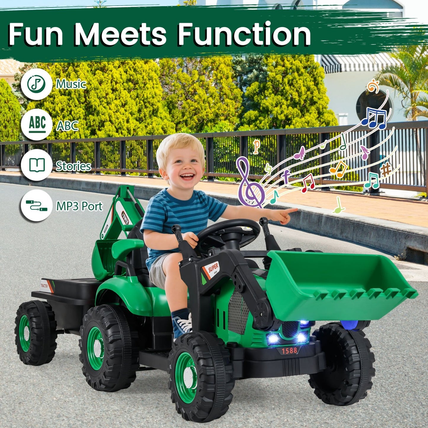 4-in-1 12V Kids Ride on Excavator and Bulldozer with Remote Control-Green