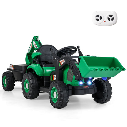 4-in-1 12V Kids Ride on Excavator and Bulldozer with Remote Control-Green
