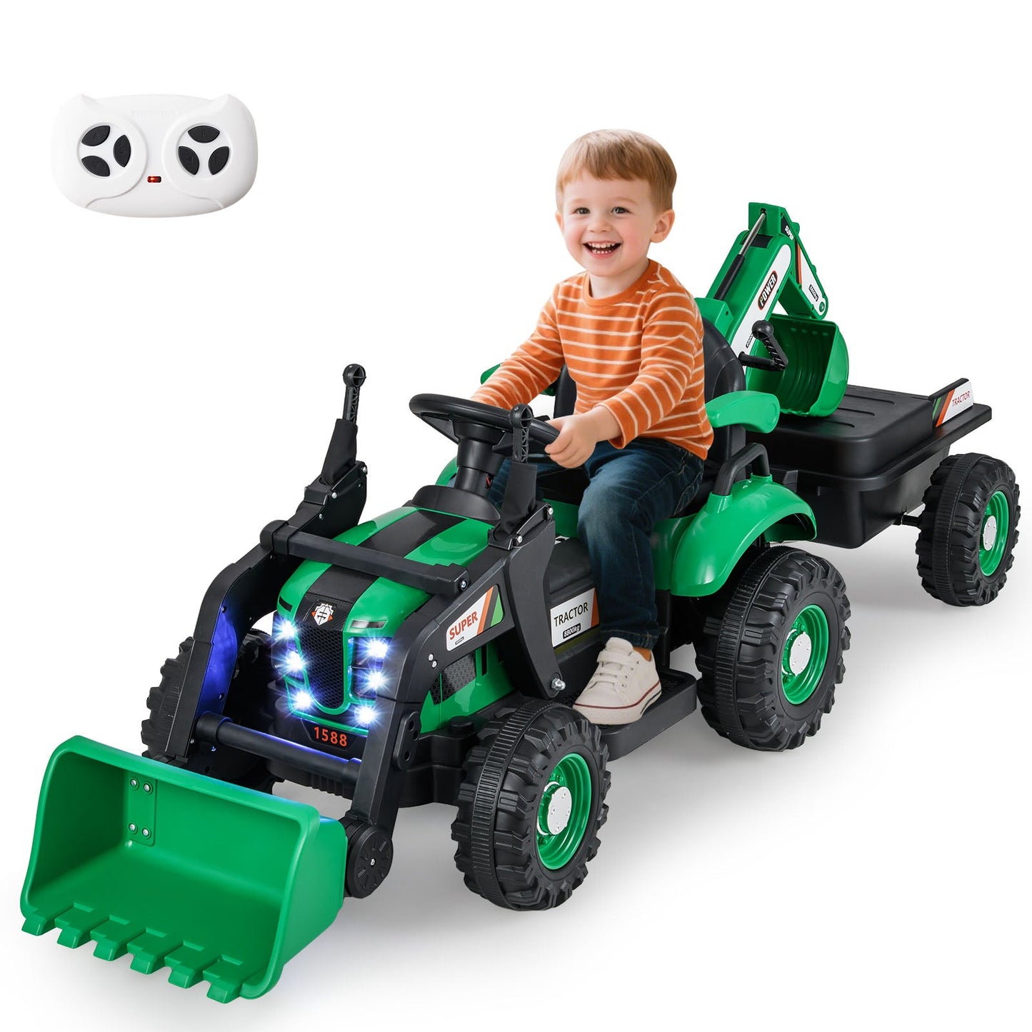 4-in-1 12V Kids Ride on Excavator and Bulldozer with Remote Control-Green