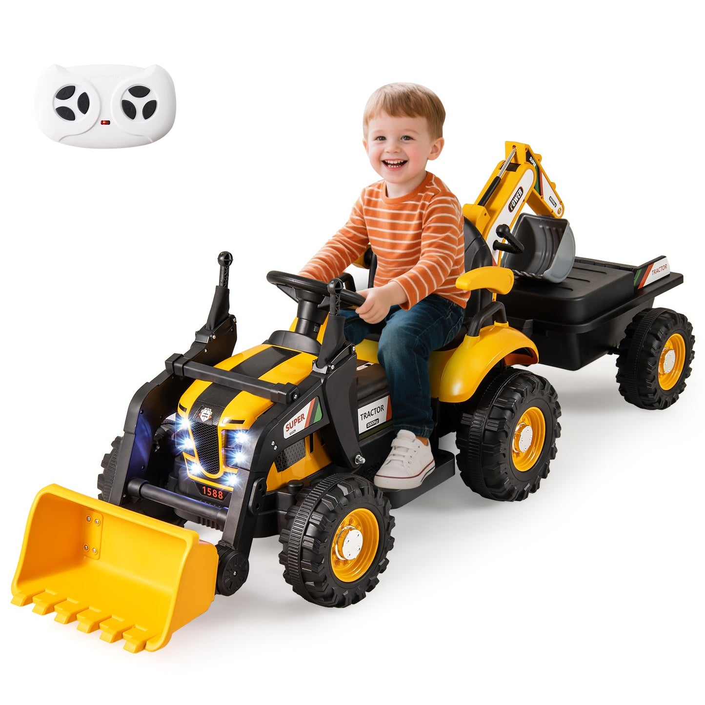 4-in-1 12V Kids Ride on Excavator and Bulldozer with Remote Control-Yellow