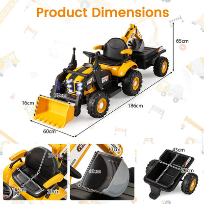 4-in-1 12V Kids Ride on Excavator and Bulldozer with Remote Control-Yellow