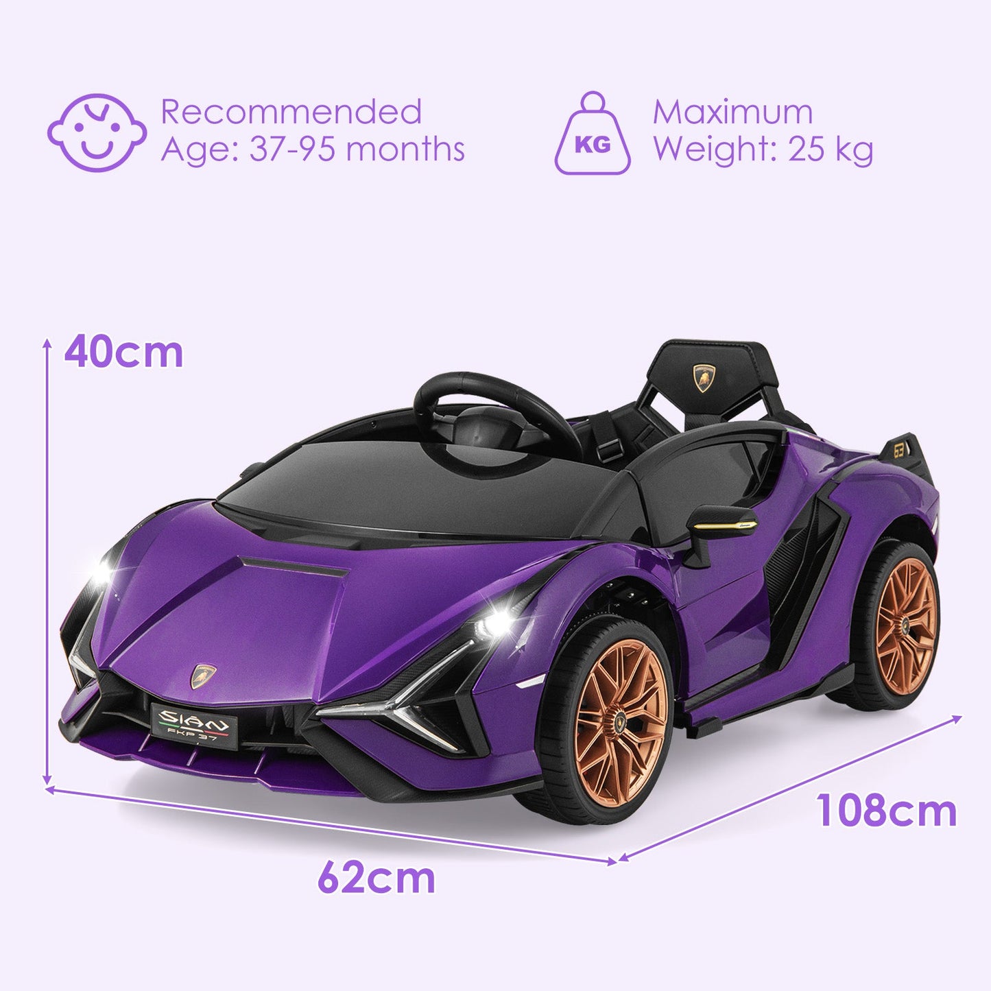 12V Battery Powered Electric Vehicle with Remote Control and LED Lights-Purple