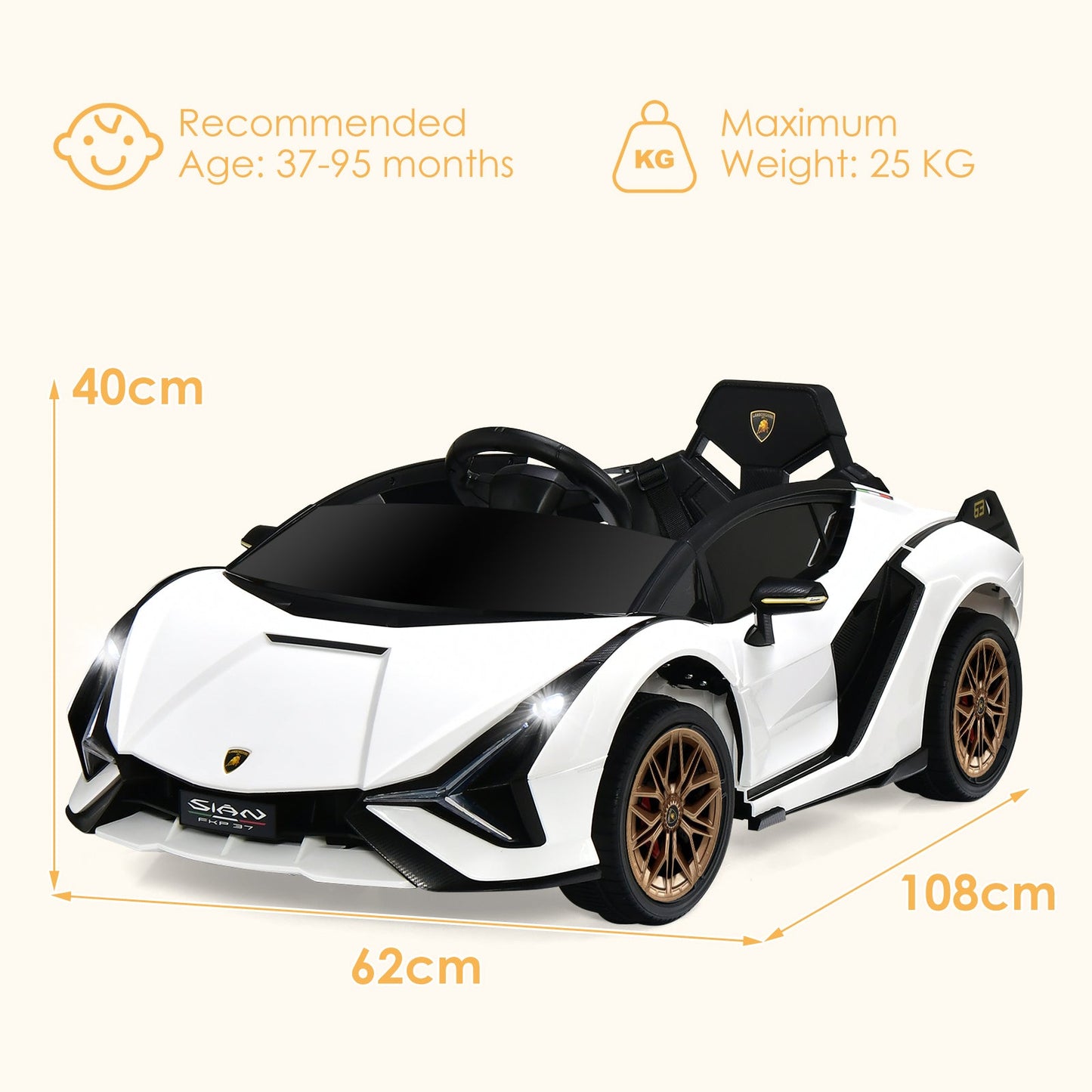 12V Battery Powered Electric Vehicle with Remote Control and LED Lights-White