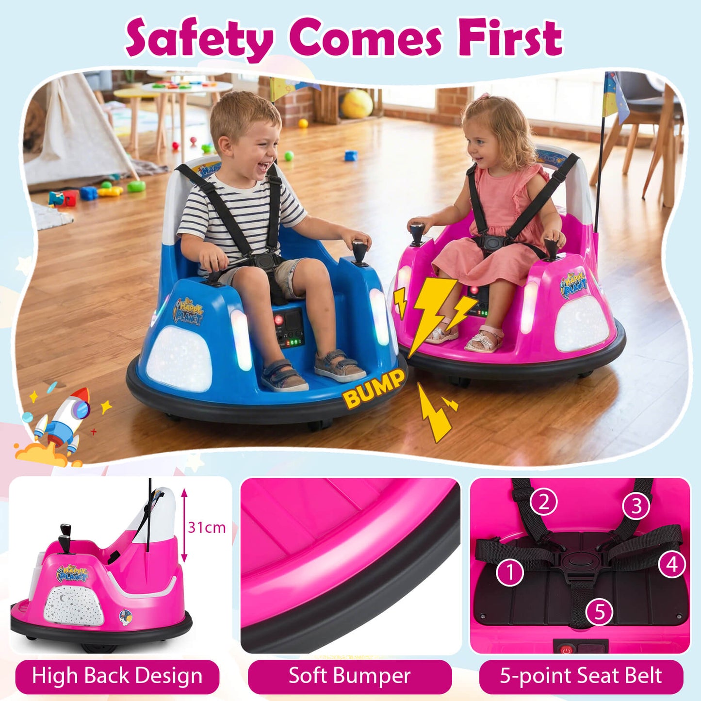 12V Bumper Car for Kids with Remote Control and Lighting Modes-Pink