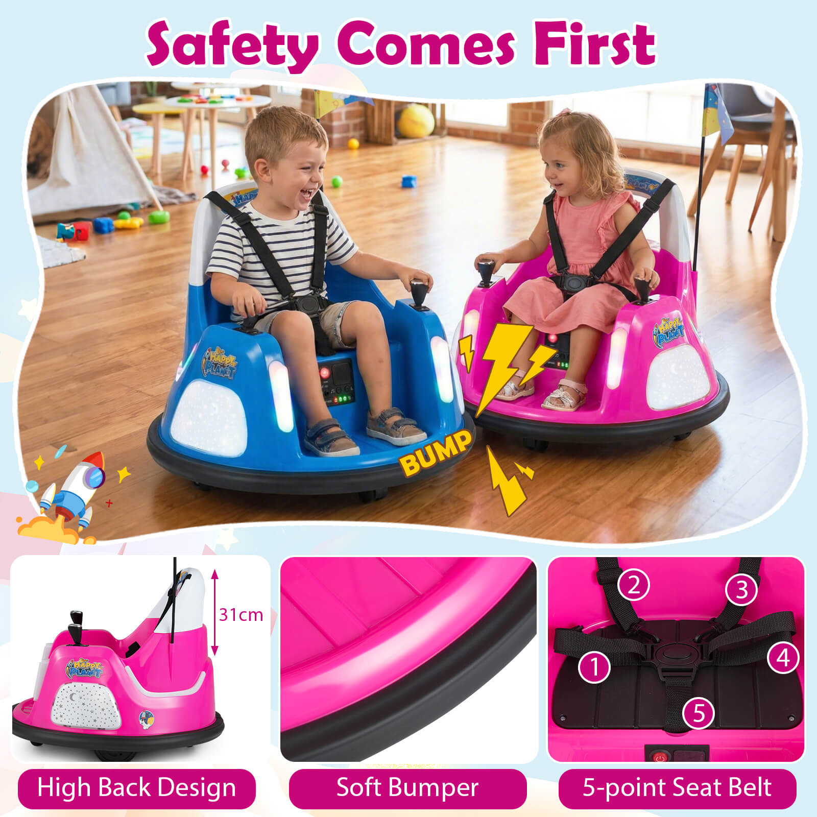 12V Bumper Car for Kids with Remote Control and Lighting Modes-Pink