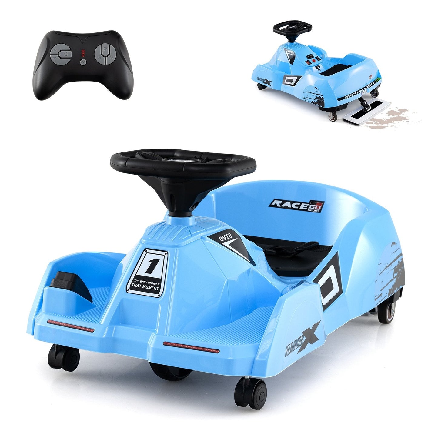 12V Electric Cleaning Go Kart Ride on Race Car with Detachable Mop-Blue