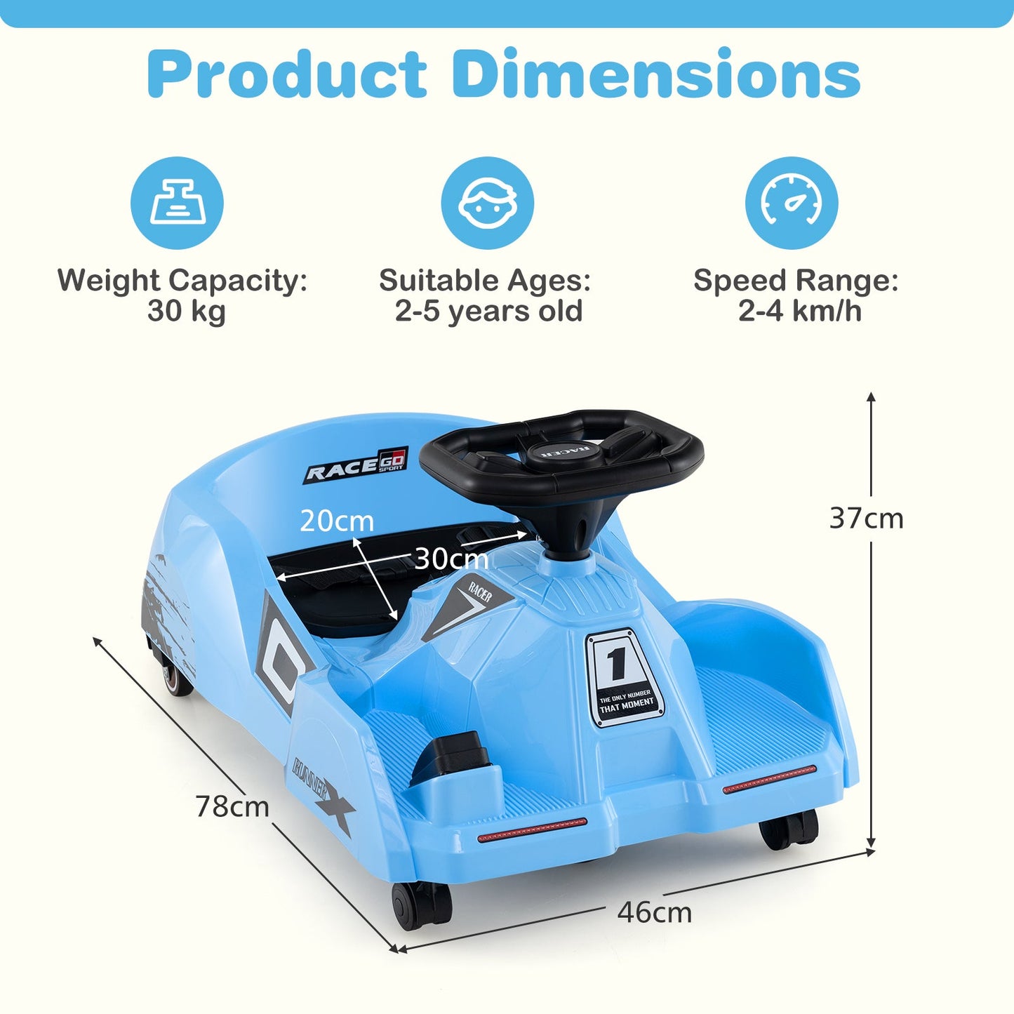 12V Electric Cleaning Go Kart Ride on Race Car with Detachable Mop-Blue